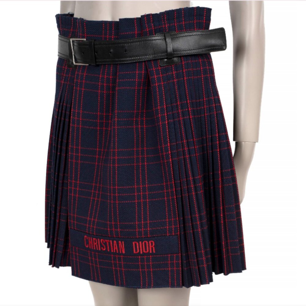 CHRISTIAN DIOR navy & red wool 2018 BELTED PLAID Skirt